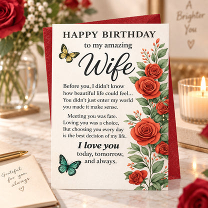 Cheerin Amazing Wife Floral Birthday Card — card in a gift setting