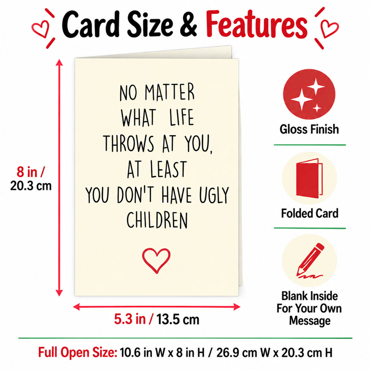 Funny Parent Greeting Card, Blank Inside — card dimensions and features