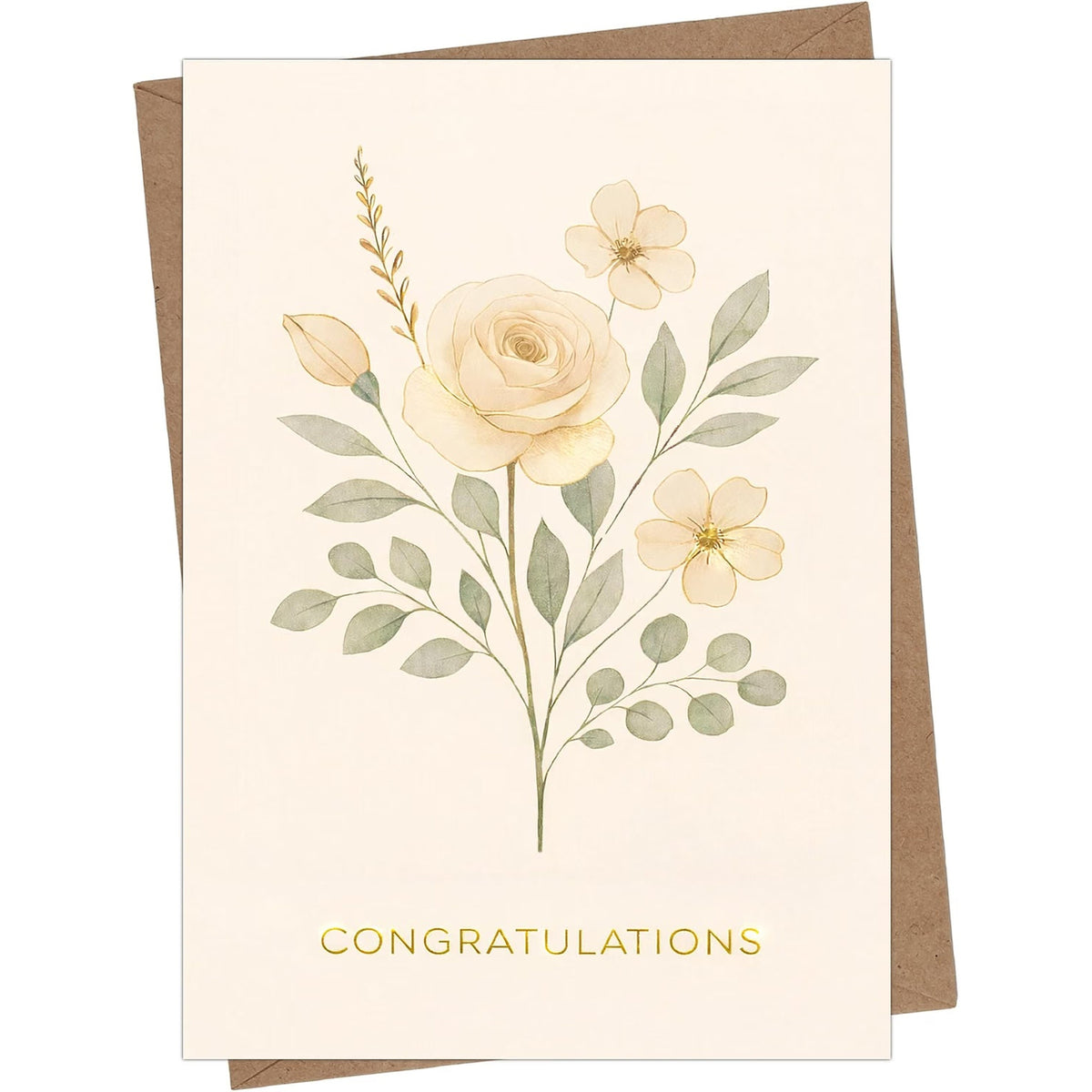 Floral Wedding Congratulations Card, Blank Inside — front cover and envelope