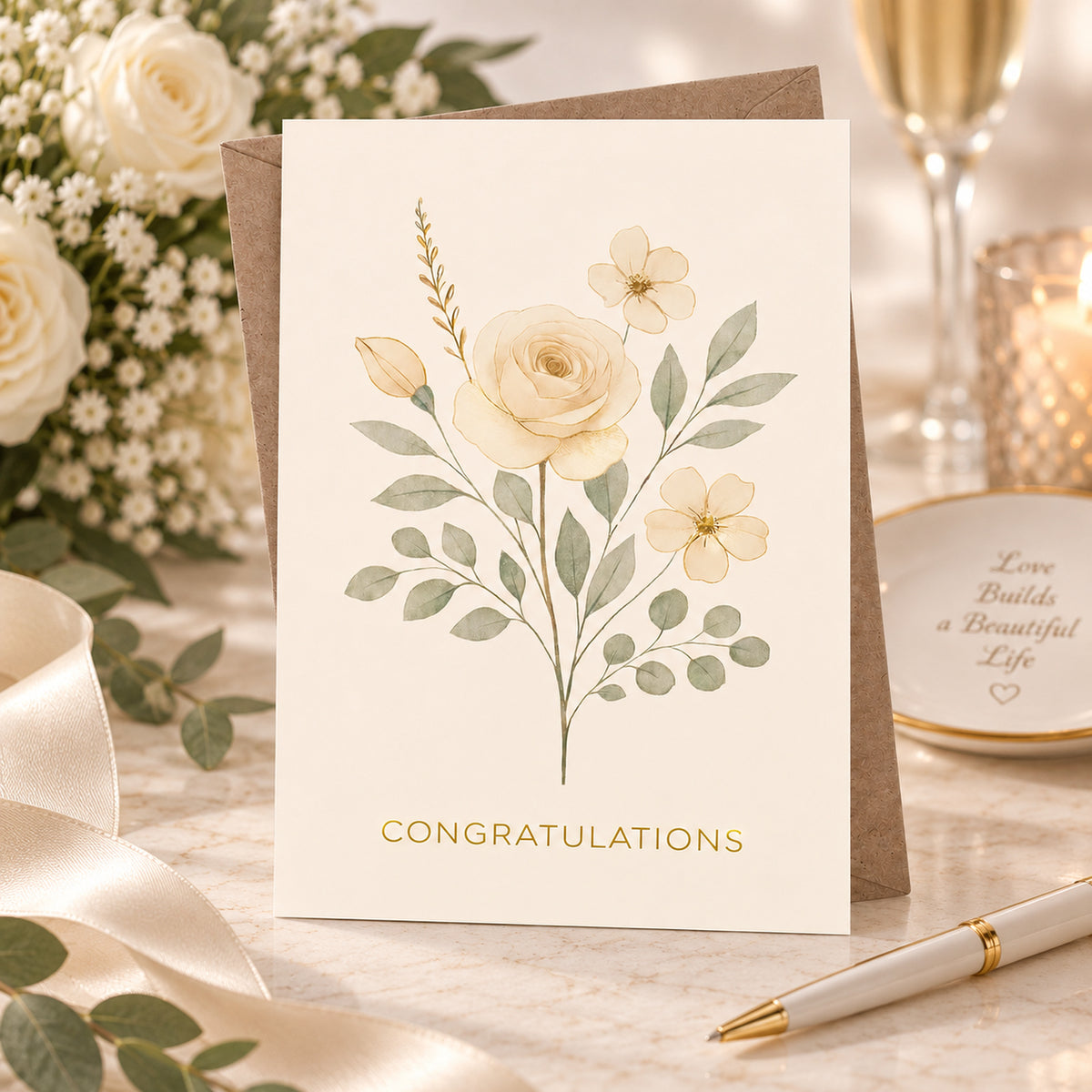 Floral Wedding Congratulations Card, Blank Inside — card in a gift setting