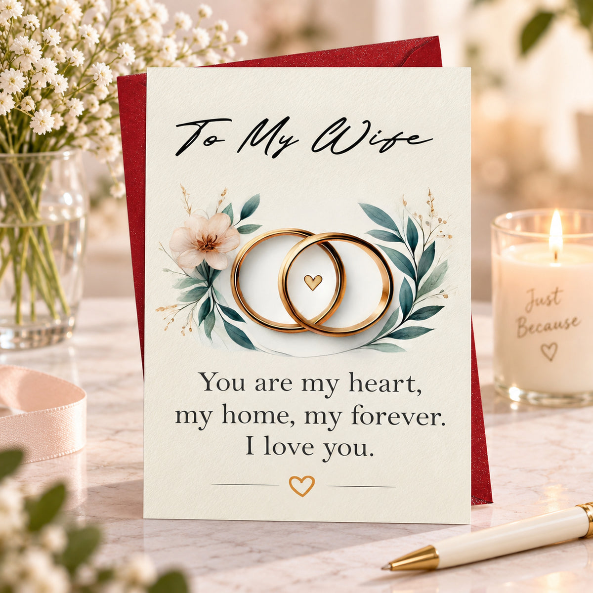 Romantic Wife Love Card with Red Envelope — card in a gift setting