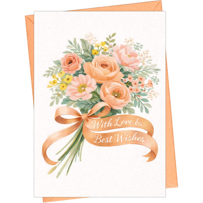 Floral Wedding Congratulations Card With Peach Envelope — front cover and envelope