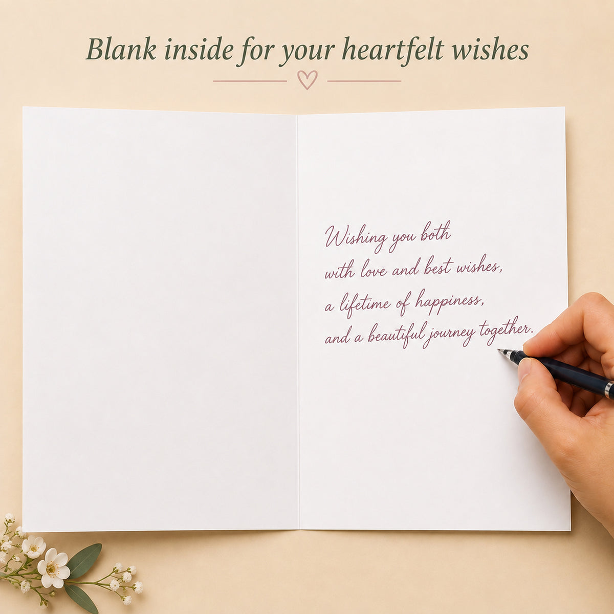 Floral Wedding Congratulations Card With Peach Envelope — card interior and message example