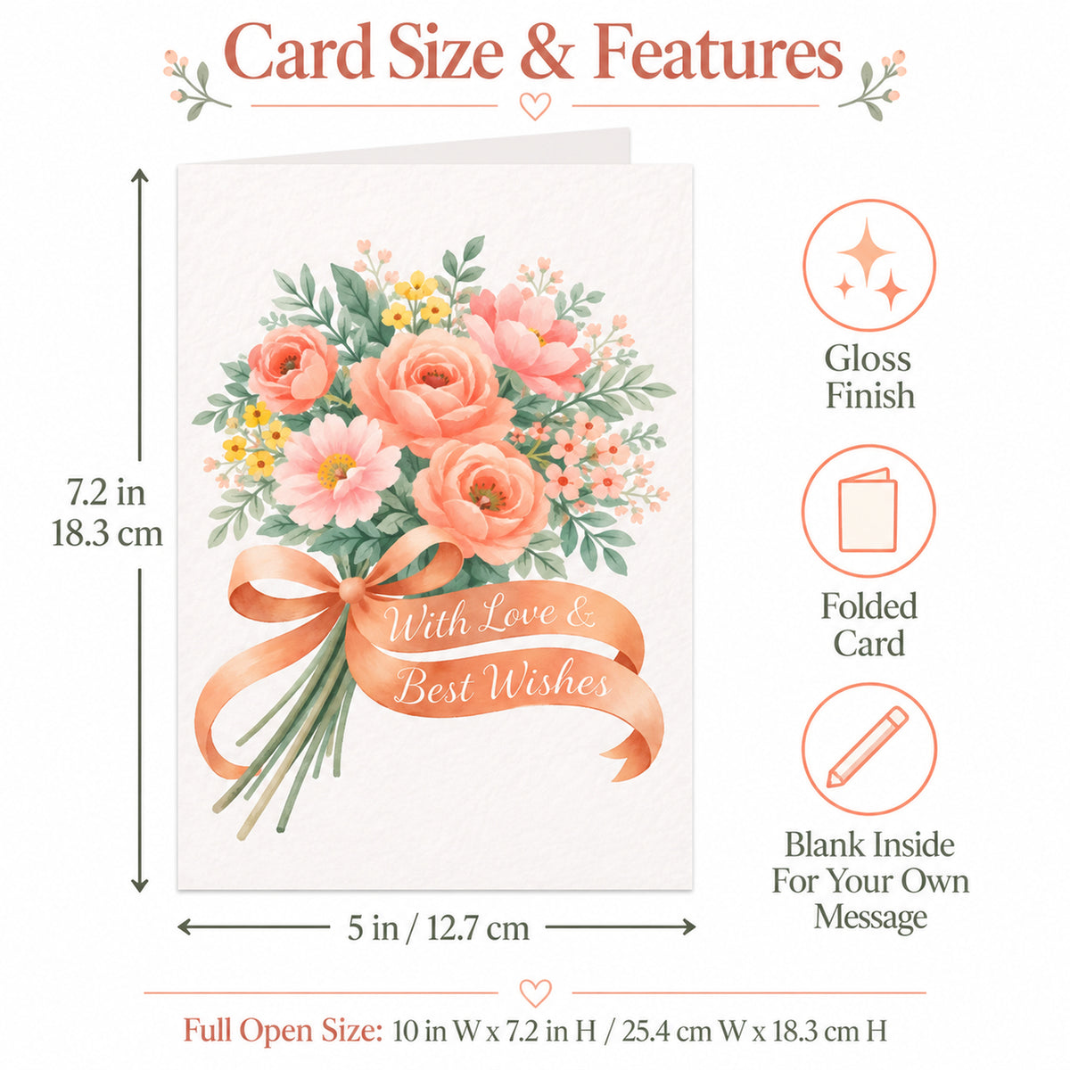 Floral Wedding Congratulations Card With Peach Envelope — card dimensions and features