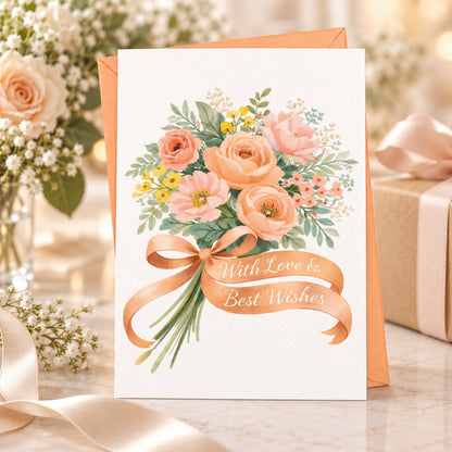 Floral Wedding Congratulations Card With Peach Envelope — card in a gift setting