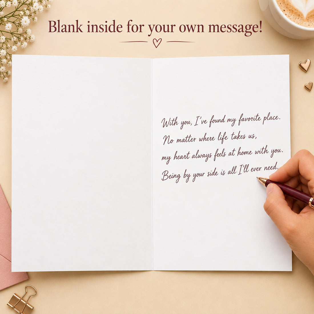 Romantic Love Greeting Card with Red Envelope — card interior and message example