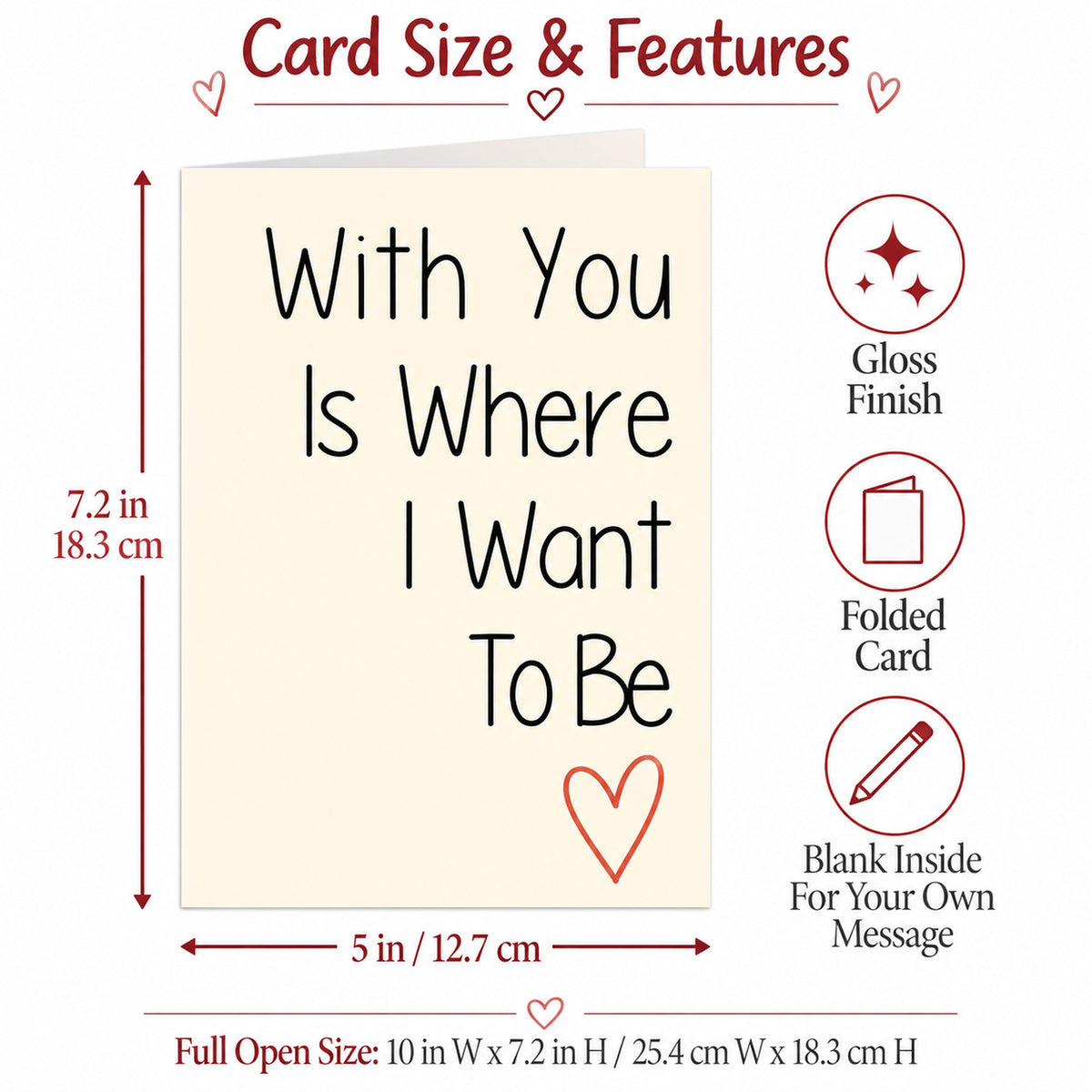 Romantic Love Greeting Card with Red Envelope — card dimensions and features