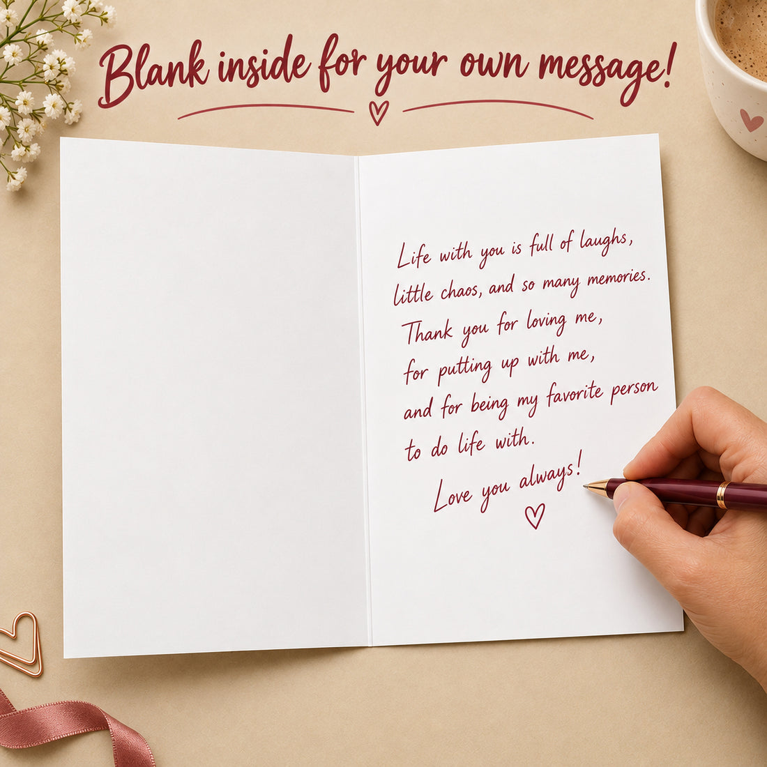 Funny Love Anniversary Card with Red Envelope — card interior and message example