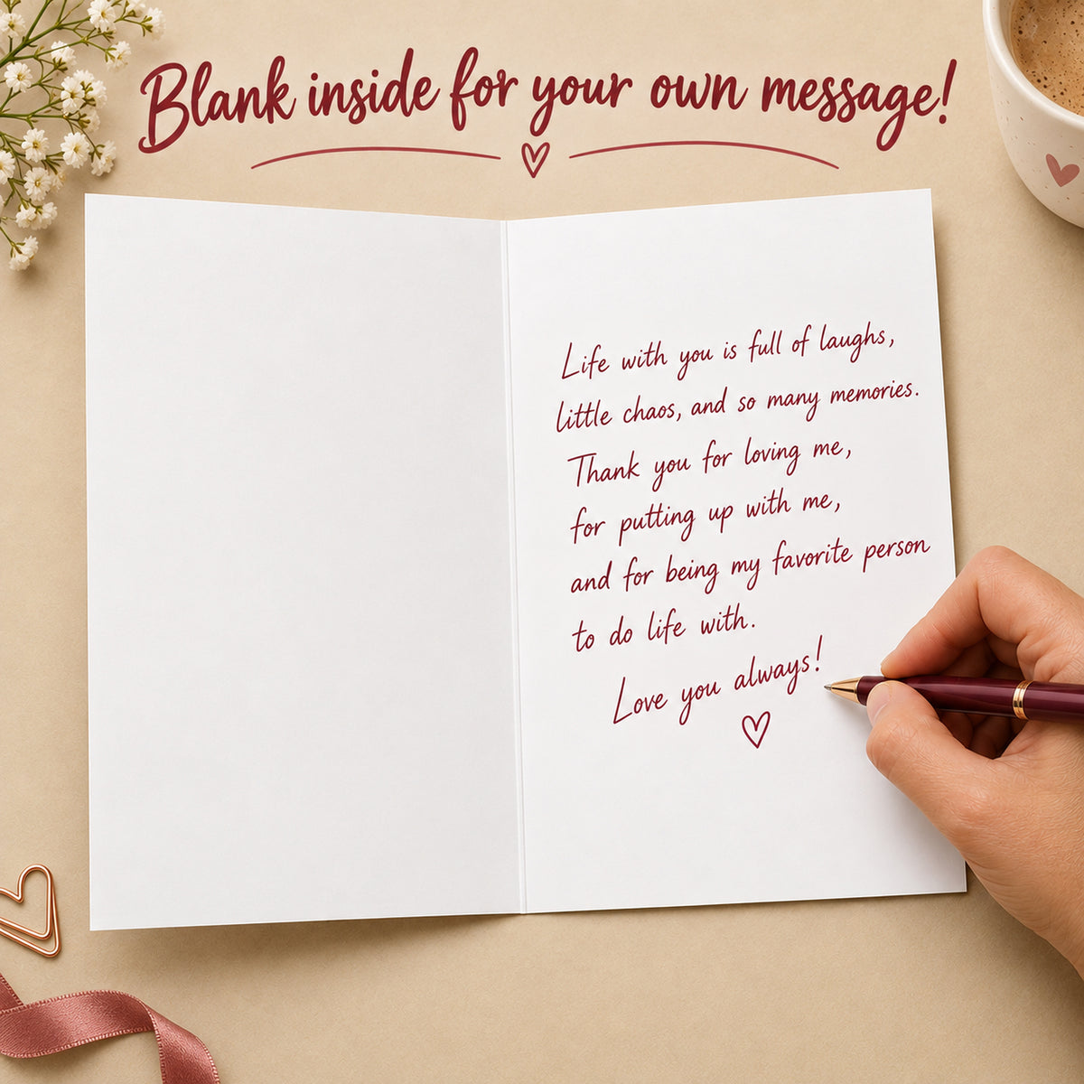 Funny Love Anniversary Card with Red Envelope — card interior and message example