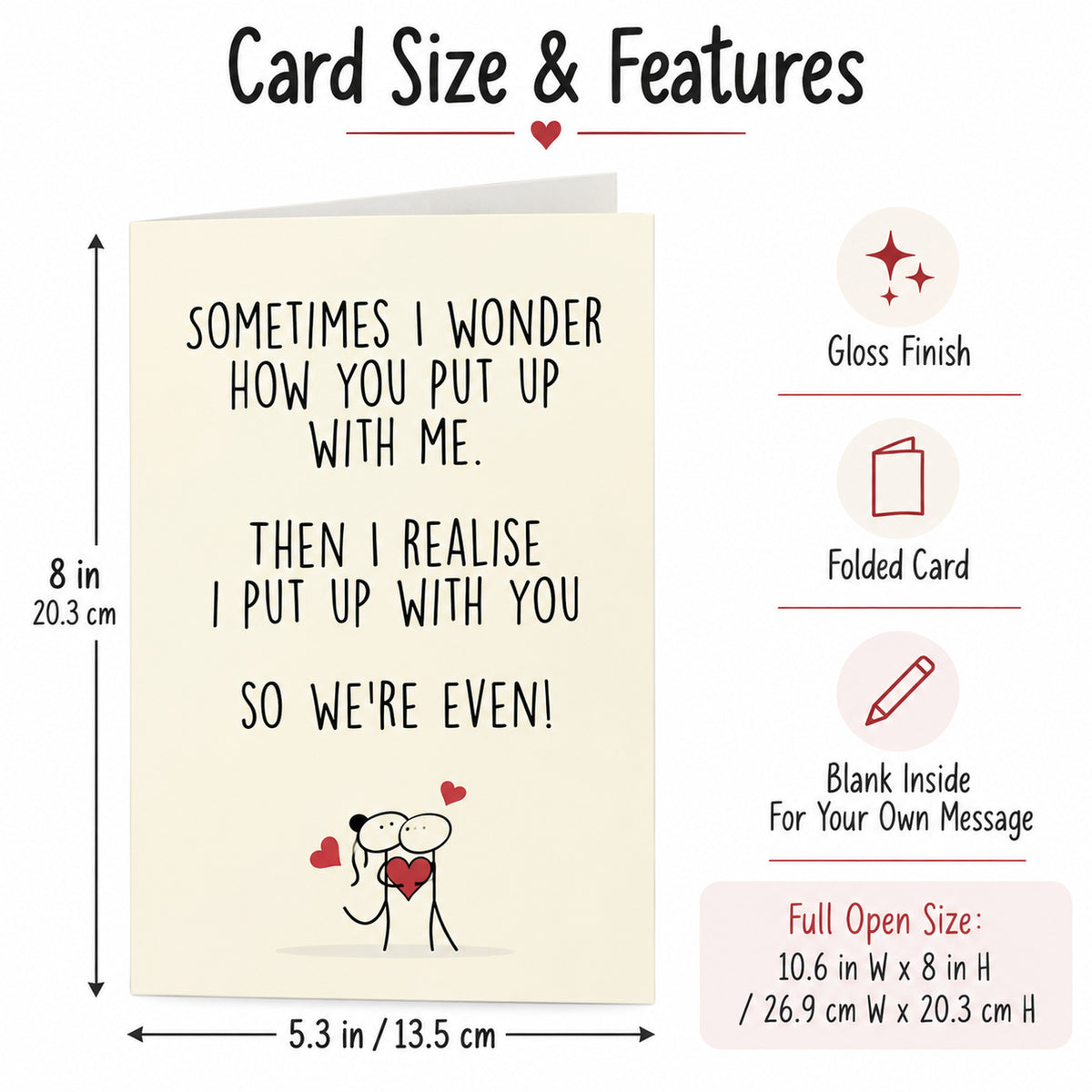 Funny Love Anniversary Card with Red Envelope — card dimensions and features