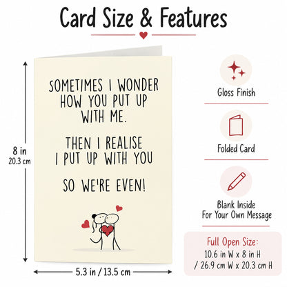 Funny Love Anniversary Card with Red Envelope — card dimensions and features