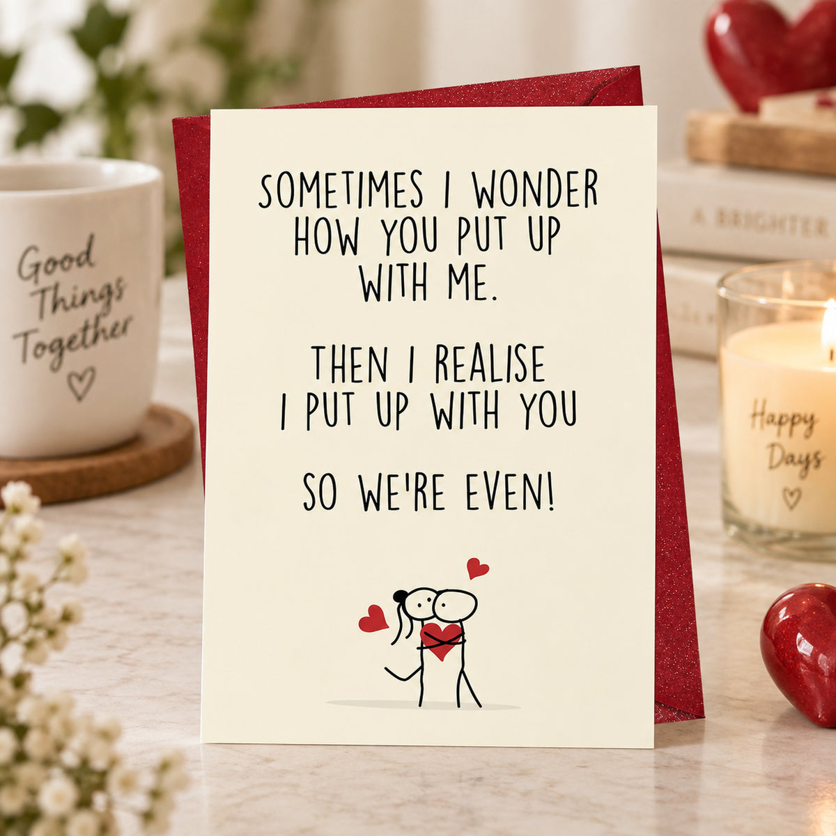 Funny Love Anniversary Card with Red Envelope — card in a gift setting