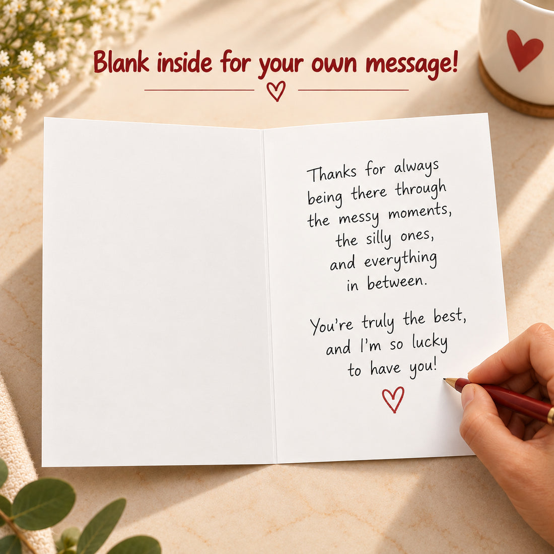 Funny Thank You Card from Son or Daughter with Red Envelope — card interior and message example