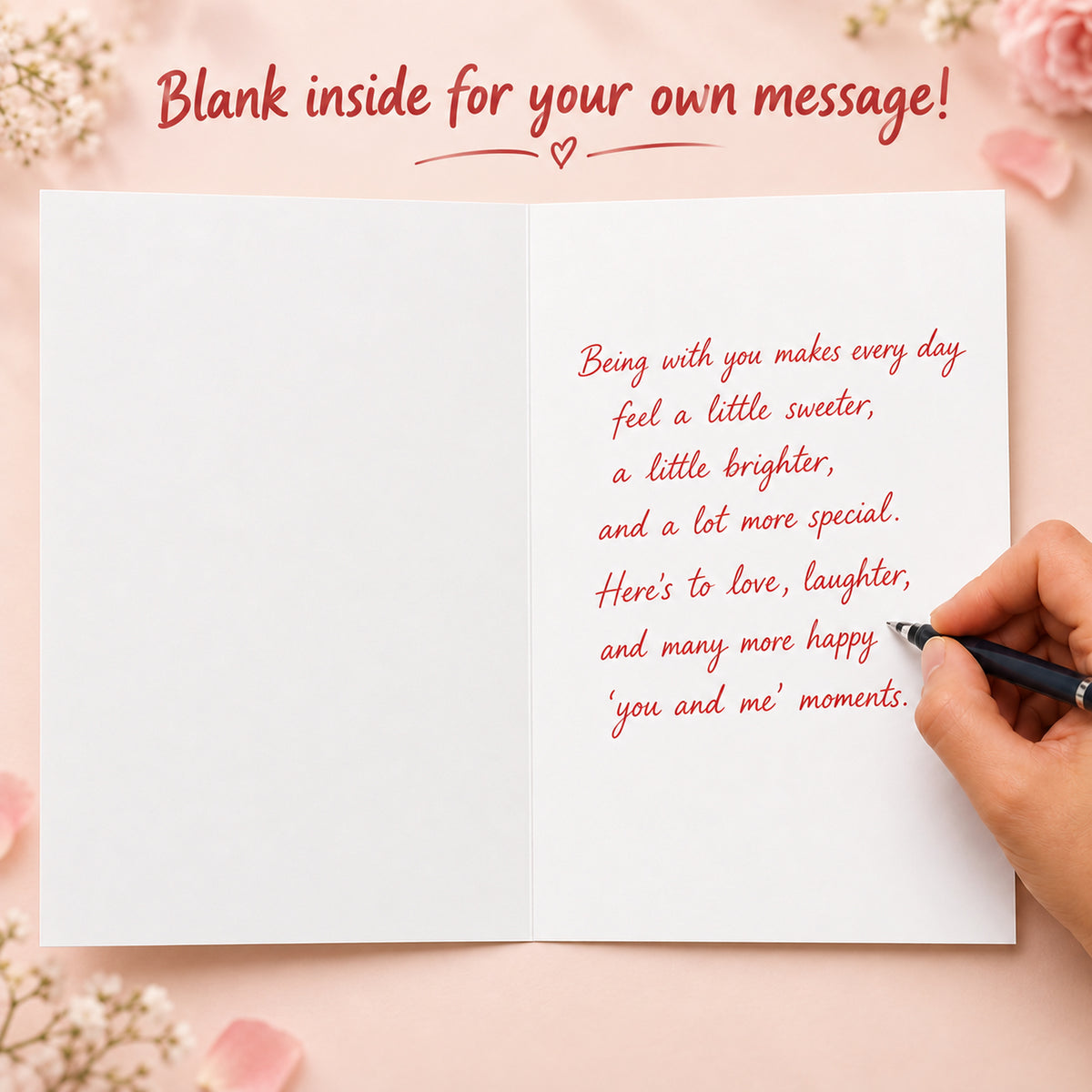 You and Me Romantic Greeting Card with Red Envelope — card interior and message example