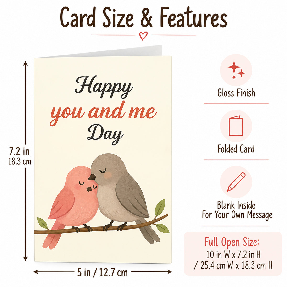 You and Me Romantic Greeting Card with Red Envelope — card dimensions and features