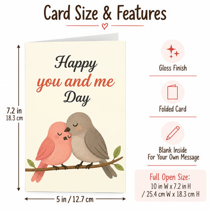 You and Me Romantic Greeting Card with Red Envelope — card dimensions and features