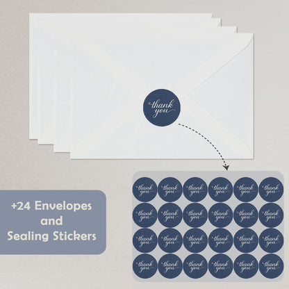 Cheerin 24 Pack Blue Thank You Cards With Envelopes Set - Elegant Silver Foil Thank You Notes for Wedding, Birthday and Business
