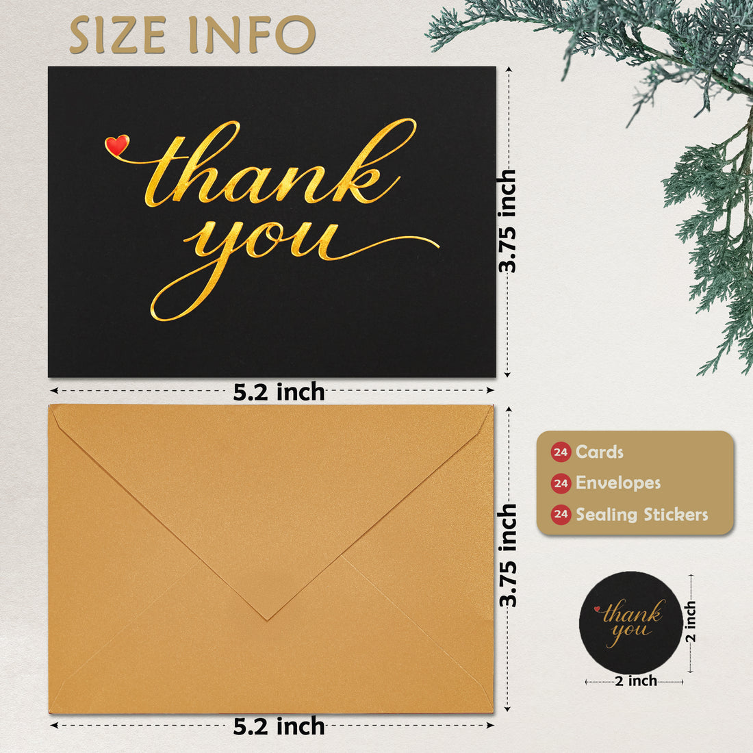 Cheerin 24 Pack Black Thank You Cards With Envelopes Set - Elegant Gold Foil Thank You Notes for Wedding, Birthday and Funeral