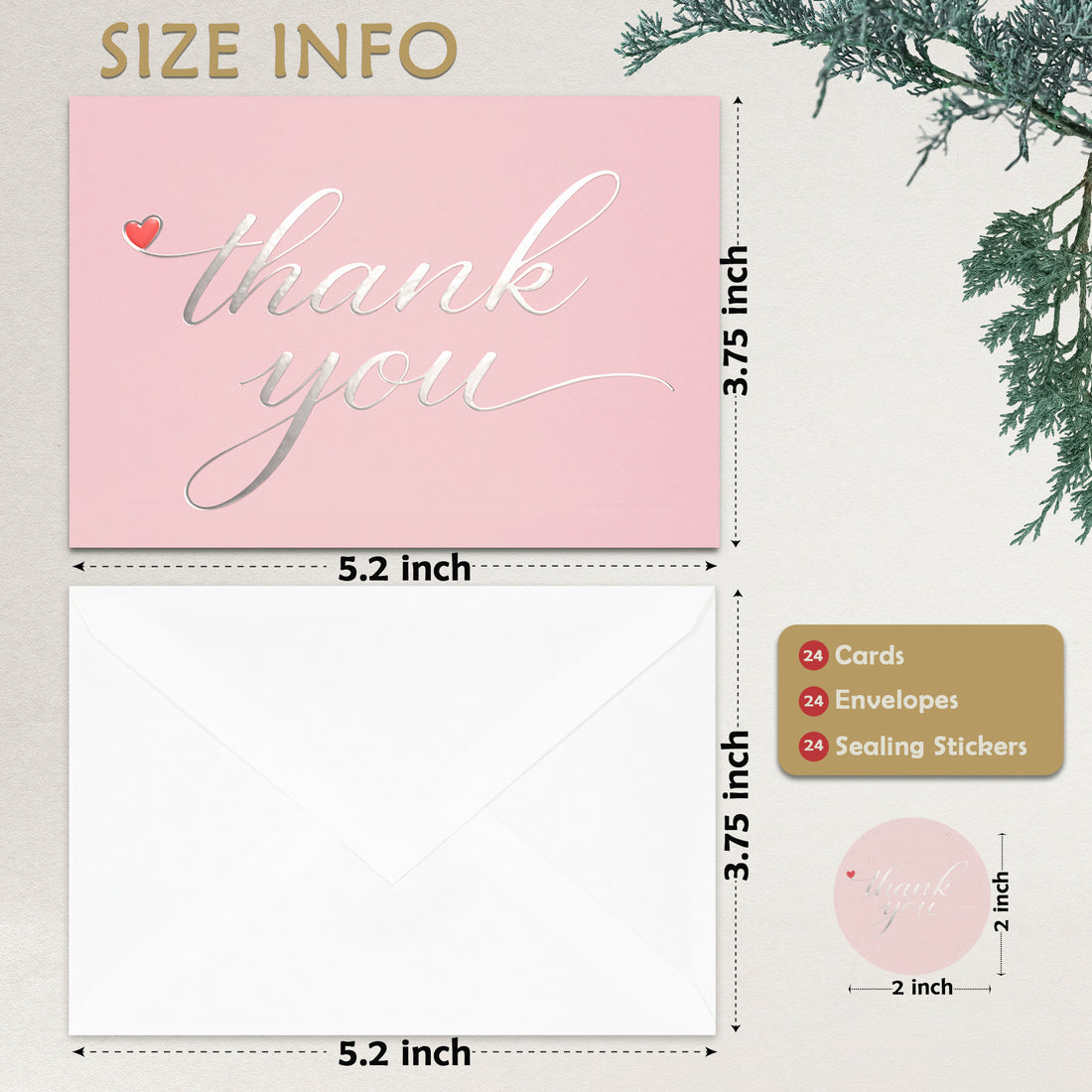 Cheerin 24 Pack Pink Thank You Cards With Envelopes Set - Elegant Silver Foil Thank You Notes for Wedding, Birthday and Baby Shower