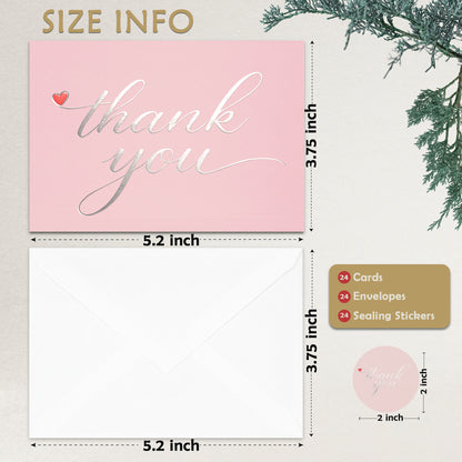 Cheerin 24 Pack Pink Thank You Cards With Envelopes Set - Elegant Silver Foil Thank You Notes for Wedding, Birthday and Baby Shower