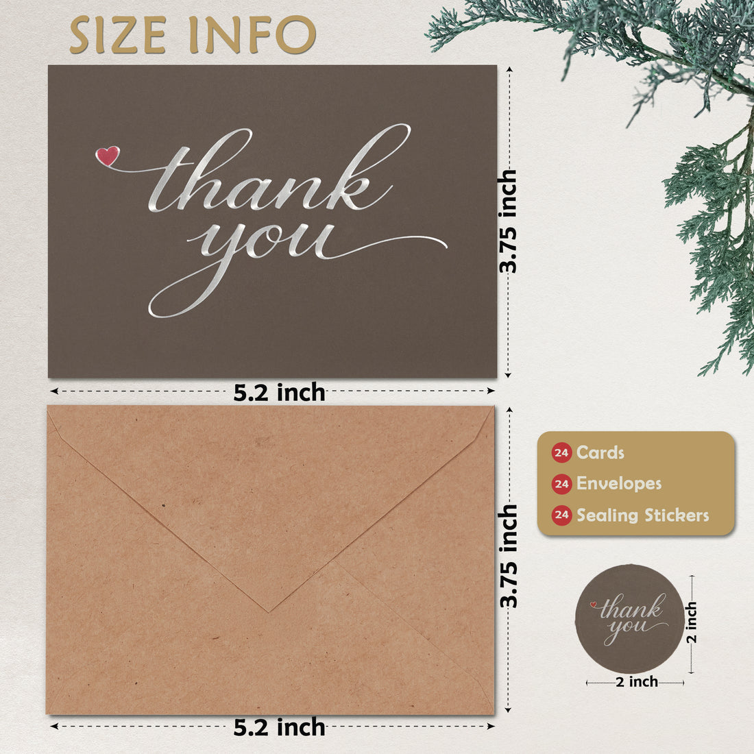 Cherin 24 Pack Brown Thank You Cards With Envelopes Set - Elegant Silver Foil Thank You Notes for Wedding, Birthday and Business