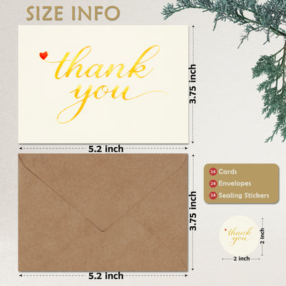 Cheerin 24 Pack White Thank You Cards With Envelopes Set - Elegant Gold Foil Thank You Notes for Wedding, Birthday and Business