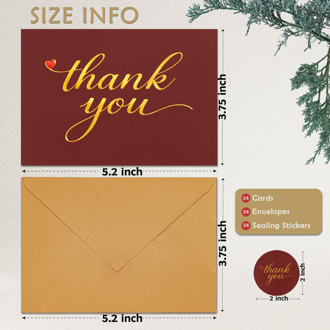 Cheerin 24 Pack Red Thank You Cards With Envelopes Set - Elegant Gold Foil Thank You Notes for Wedding, Birthday and Business